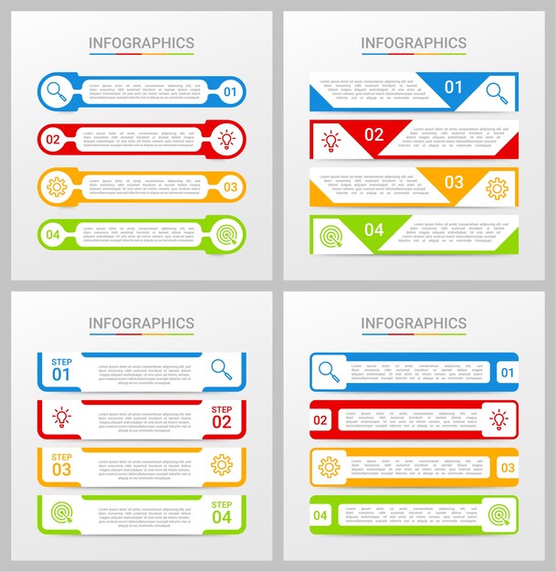 Красочный шаблон инфографики временной шкалы с 4 шагами на сером фоне