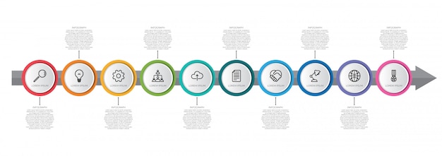 Modello di infografica timeline colorato con freccia