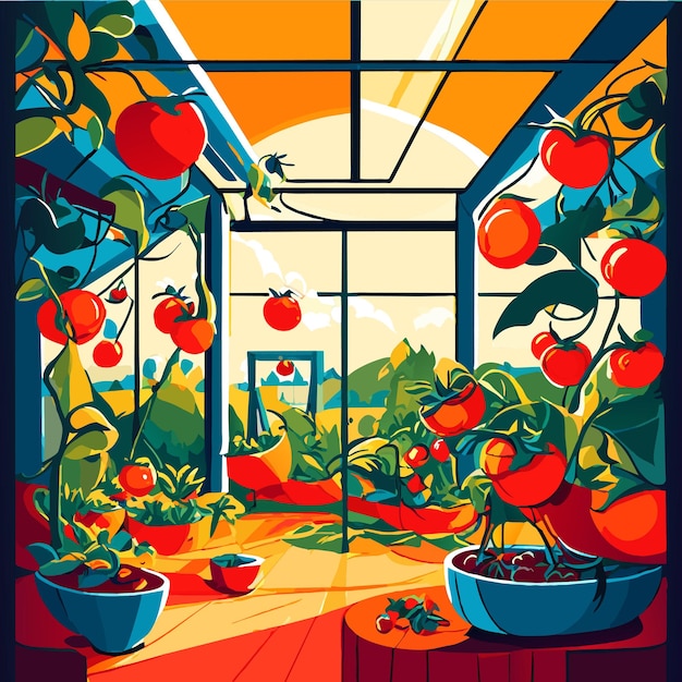 Vector colorful tomatoes are growing in indoor farm tree vector illustration