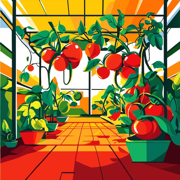 Vector colorful tomatoes are growing in indoor farm tree vector illustration