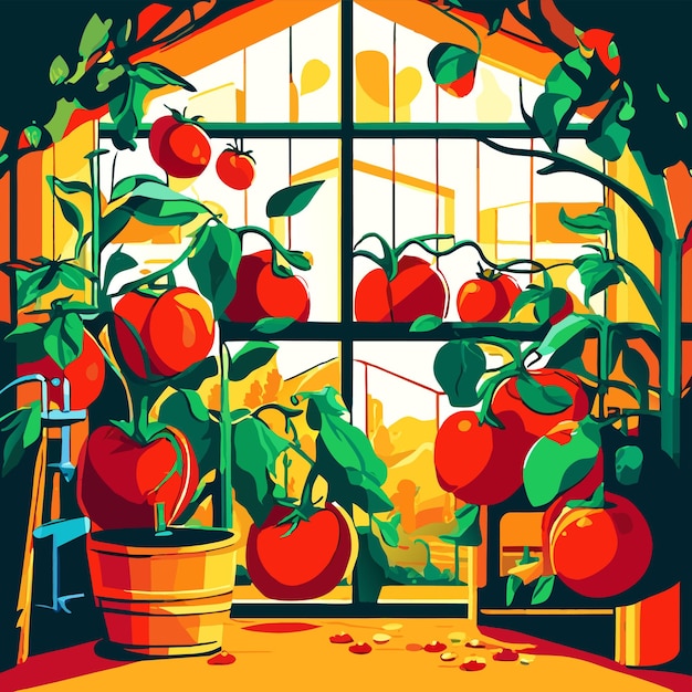 Vector colorful tomatoes are growing in indoor farm tree vector illustration