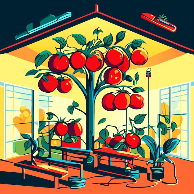 Vector colorful tomatoes are growing in indoor farm tree vector illustration