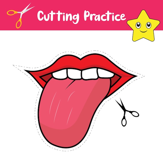 Vector colorful tongue mouth cutting practice worksheets for kids vector graphics