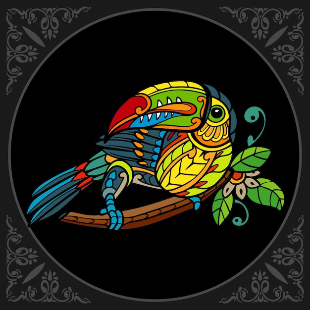 Vector colorful toucan bird zentangle arts isolated on black background