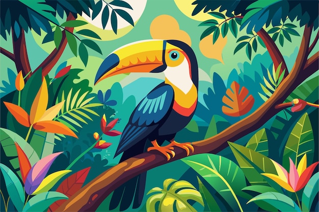 Vector a colorful toucan perched on a branch in the rainforest