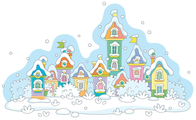 꽤 작은 마을에서 춥고 눈 덮인 겨울 날 눈으로 덮인 다채로운 장난감 집