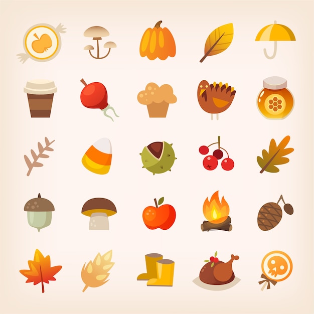 Colorful traditional autumn symbol. Plants, halloween and thanksgiving treats. Isolated vector icons