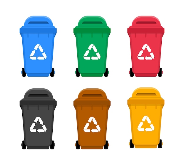 Colorful trash cans with recycling. Waste sorting containers.