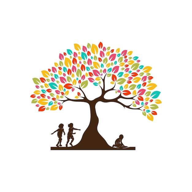 Разноцветное дерево Дети игривый векторный шаблон логотипа Символ иллюстрации Креативный дизайн