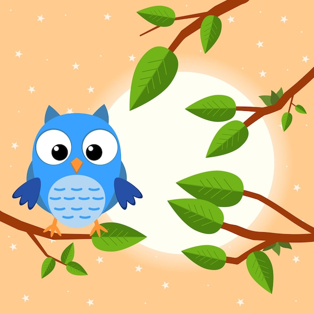 Colorful tree with cute owl Cartoon bird in sunny forest Flat vector illustration