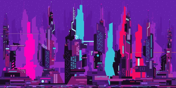 Vector colorful trendy abstract futuristic scifi cyber space city landscape vector illustration