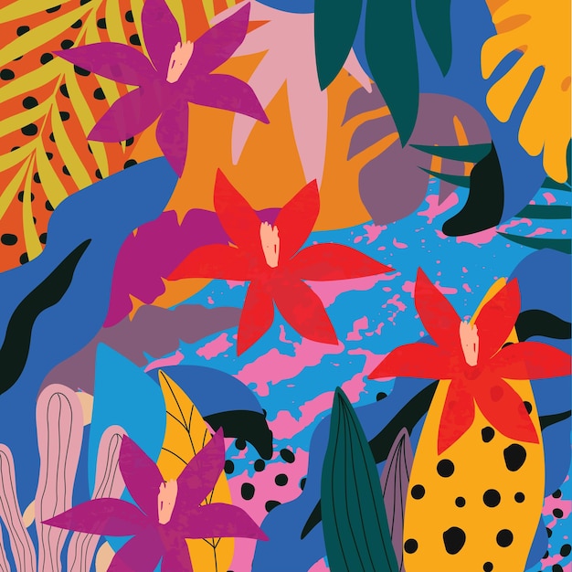 Красочные тропические листья и цветы летний плакат фон векторные иллюстрации