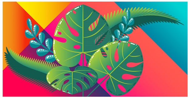 Colorful tropical leaves on vibrant background