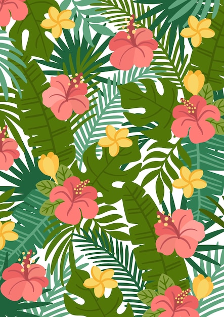 Colorful tropical nature background with palm leaves hibiscus frangipani