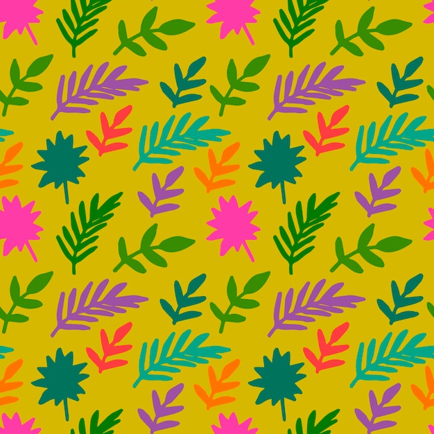 손으로 그린 야자수 잎, 나뭇가지, 꽃이 있는 다채로운 열대의 매끄러운 패턴입니다.