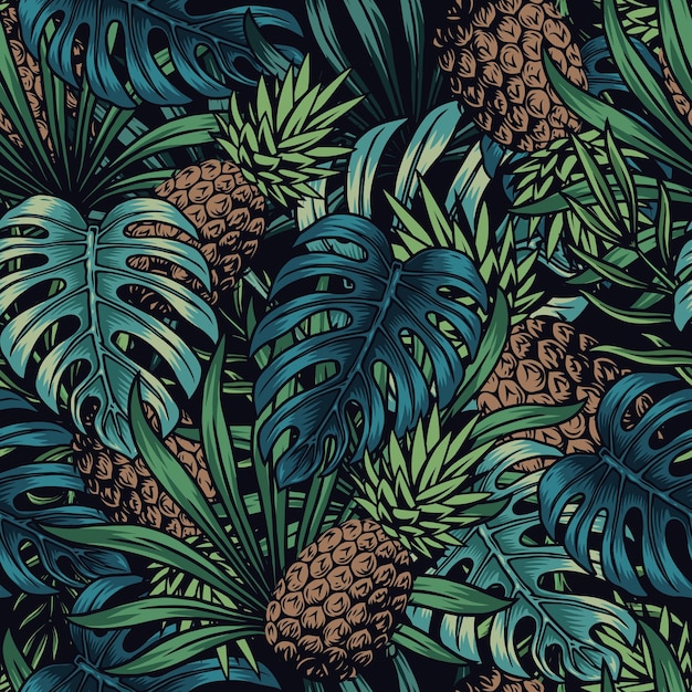 파인애플, 몬스테라, 야자수 잎이 있는 다채로운 열대 원활한 패턴