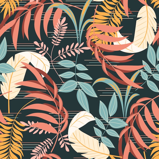 Colorful tropical seamless pattern with plants leaves and abstraction