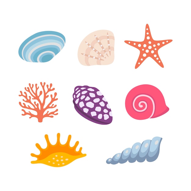 Colorful tropical shells underwater icon set frame of sea shells, vector illustration.summer concept with shells and sea stars. round composition, starfish, nature aquatic. vector illustration.