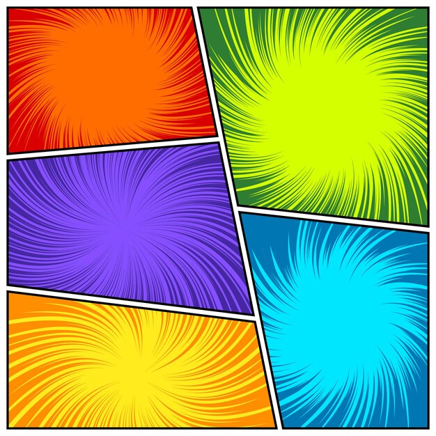 Colorful twisted comic book radial rays lines comics background with motion speed lines pop art style elements vector illustration