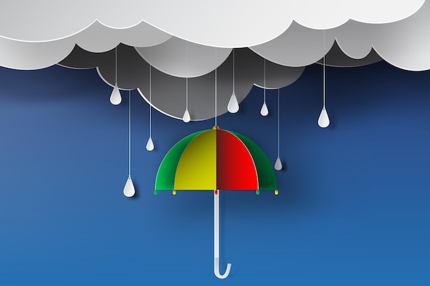 Vector colorful umbrella fly in air with rainy season blue sky concept.creative minimal paper art and craft style.raindrop storm and dark cloud.decoration element nature outdoor.vector illustration.eps10