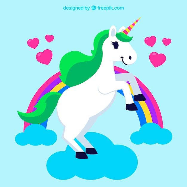 Colorful unicorn background with rainbows and hearts