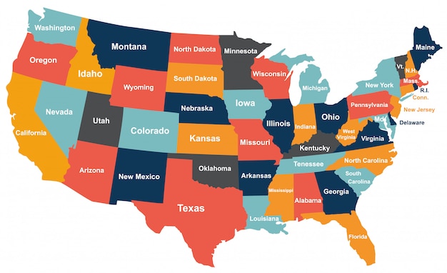 Vettore mappa usa colorata con stati.