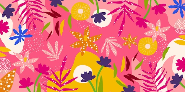 Vector colorful vector background with scattered abstract leaves flowers and other botanical elements