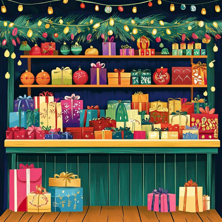 Vector colorful vector of a christmas market stall selling gifts
