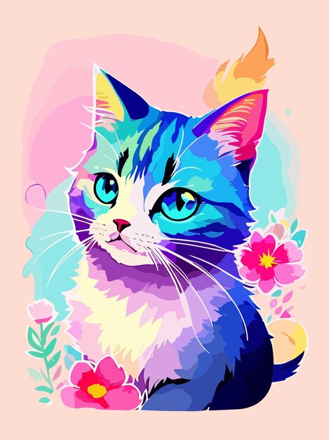 Vector colorful vector a cute cat pastel color watersplash art illustration design poster