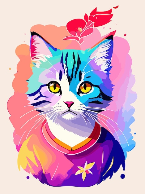 Colorful vector a cute cat pastel color watersplash art illustration design poster