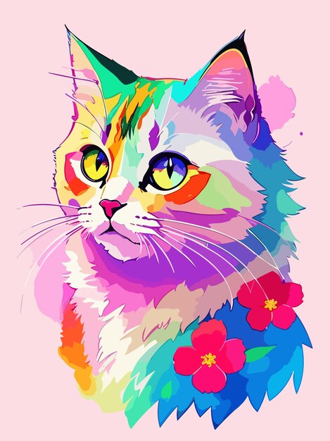 Vector colorful vector a cute cat pastel color watersplash art illustration design poster