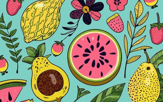 Colorful vector floral summer clipart with fruits flowers berries lemon kiwi watermelon