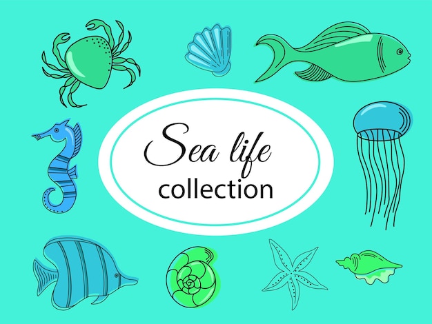 Colorful vector hand drawn doodle cartoon set of marine life theme elements Symbols of sea animals