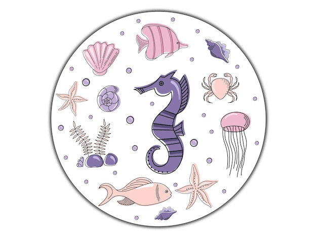 해양 생물 테마 요소의 다채로운 벡터 손으로 그린 낙서 만화 세트 바다 동물의 상징