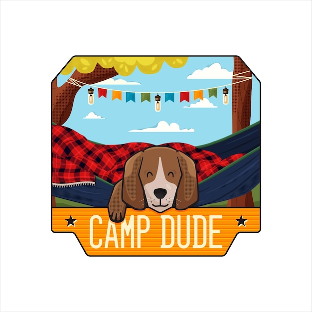 Colorful vector illustration of cute dog lying in hammock in forest and inscription Camp Dude on white background