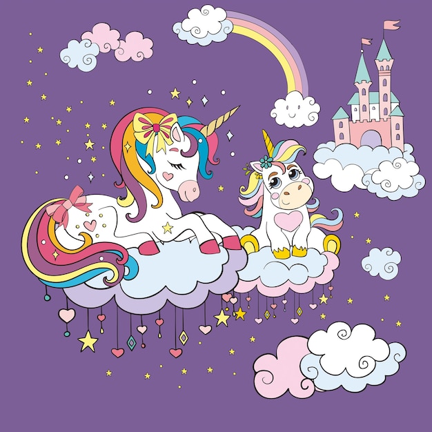 Colorful vector illustration cute mommy and baby unicorns in sky