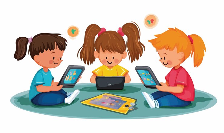 Vector colorful vector illustration of kids engaged in educational play