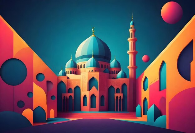 a colorful vector illustration of a mosque with a blue roof and a blue dome