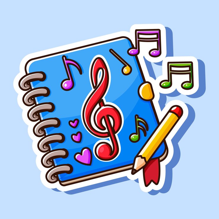 Vector a colorful vector illustration of a notebook with music notes and a pencil on a light blue background concept of creativity and music composition vector illustration