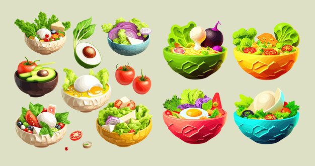 Vector colorful vector illustration of various fresh salads in bowls featuring different vegetables eggs and greens for a healthy meal