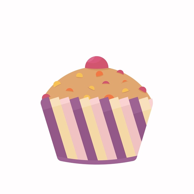Colorful vector muffin with bright candies wrapped in striped paper