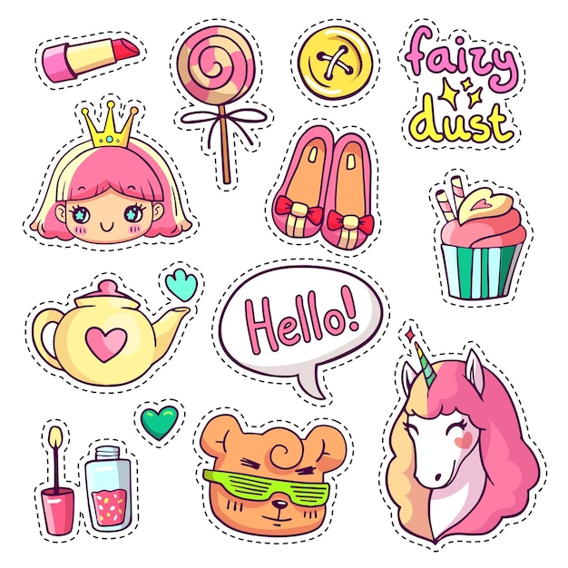 Colorful vector patch badges with animals characters and things Hand drawn vector stickers unicorn