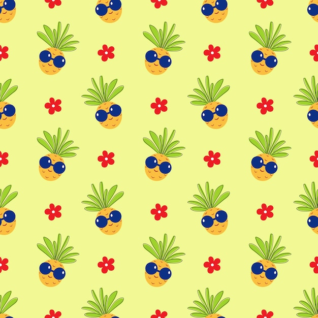 Colorful vector pineapple seamless pattern summer background with smiling amusing ananas and flower