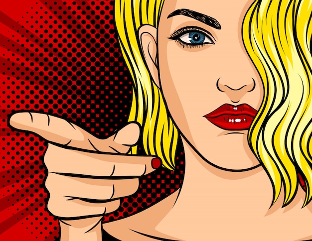 Colorful vector poster in pop art style, girl points her finger at you