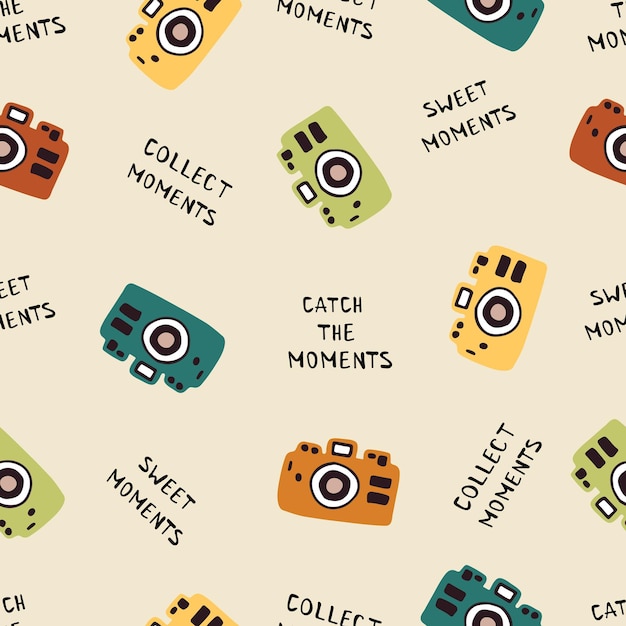 Colorful vector seamless pattern illustration cameras with text in cartoon style