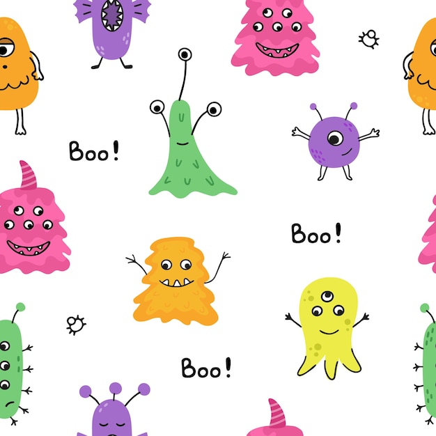 Colorful vector seamless pattern with funny monsters. Happy Halloween. Vector illustration