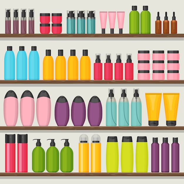 Vector colorful vector shop shelves with cosmetic bottles