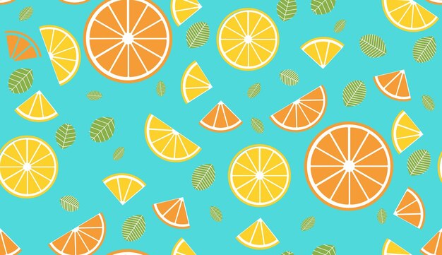 Vector colorful vector summer seamless pattern with fruits orange and lemon and mint illustration isolated