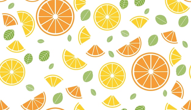 Vector colorful vector summer seamless pattern with fruits orange and lemon and mint illustration isolated