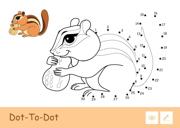 다채로운 벡터 템플릿 및 무색 등고선 Dotdot 귀여운 다람쥐 흰색 배경에 고립 된 너트를 갉아 먹다 야생 동물 취학 전 아이 색칠 공부 그림 및 발달 활동